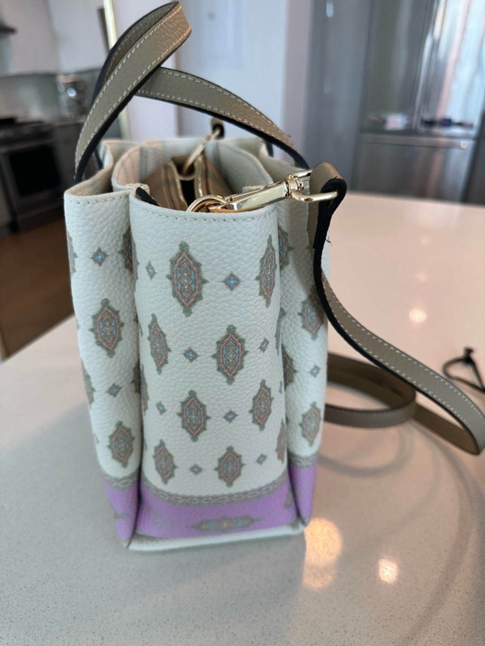 Manoush White and Lavender Kilim Patterned, Ople-Embossed Synthetic Leather Tote - Picture 9 of 13